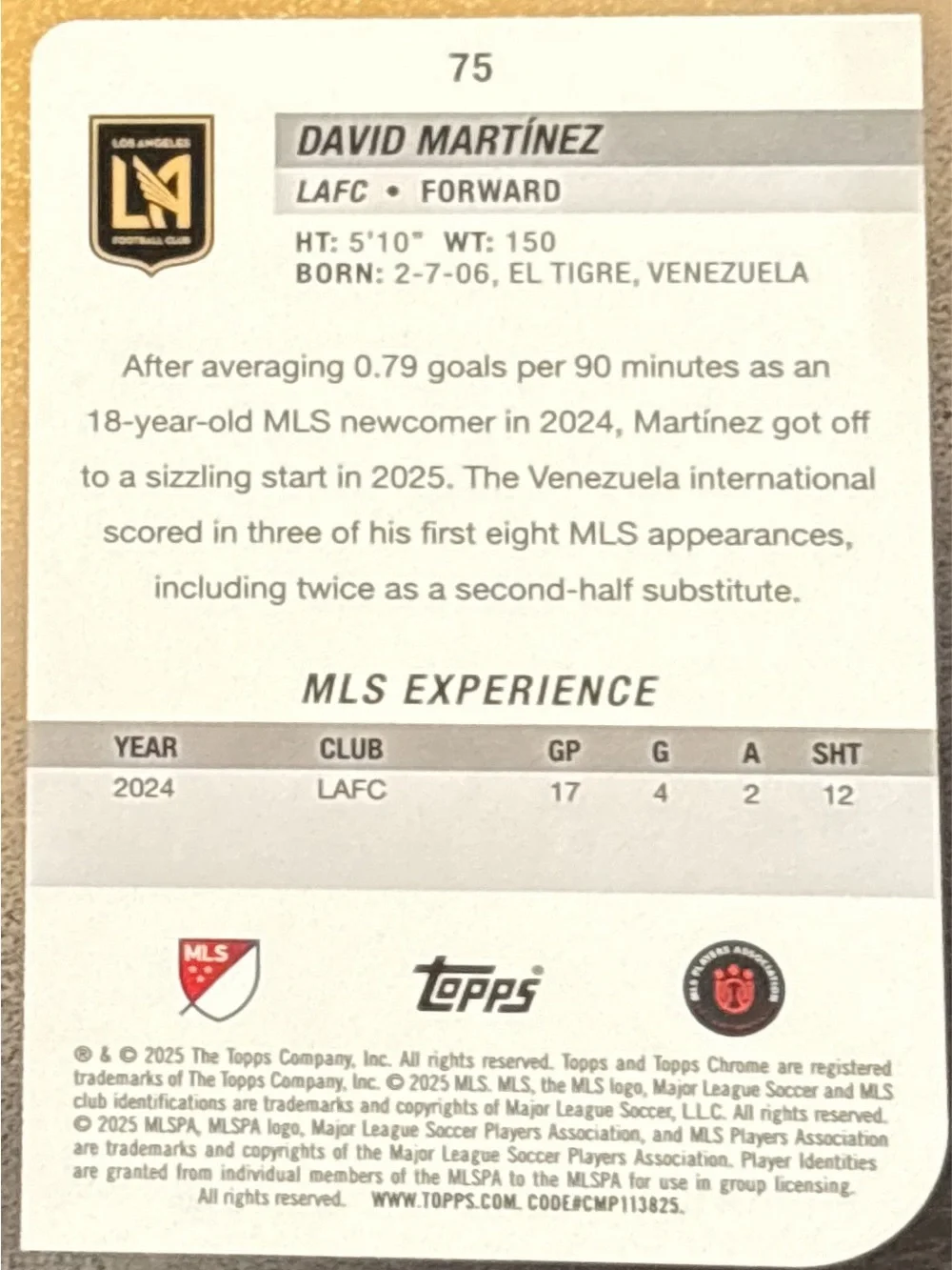 Topps Chrome David Martínez LAFC Soccer Trading Card